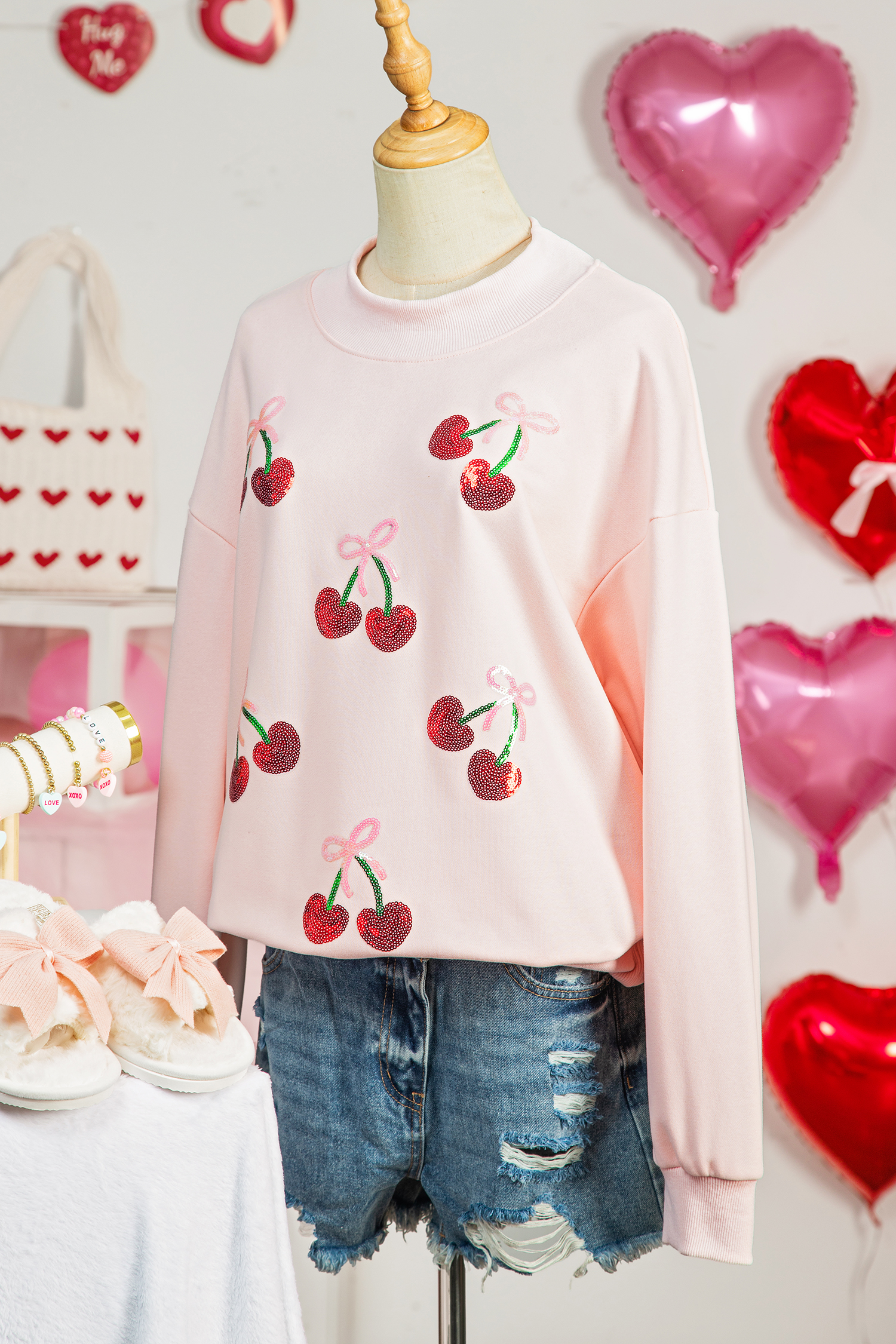 Apricot Pink Cowgirl Element Embroidered Detail Mock Neck Sweatshirt - loveforevers