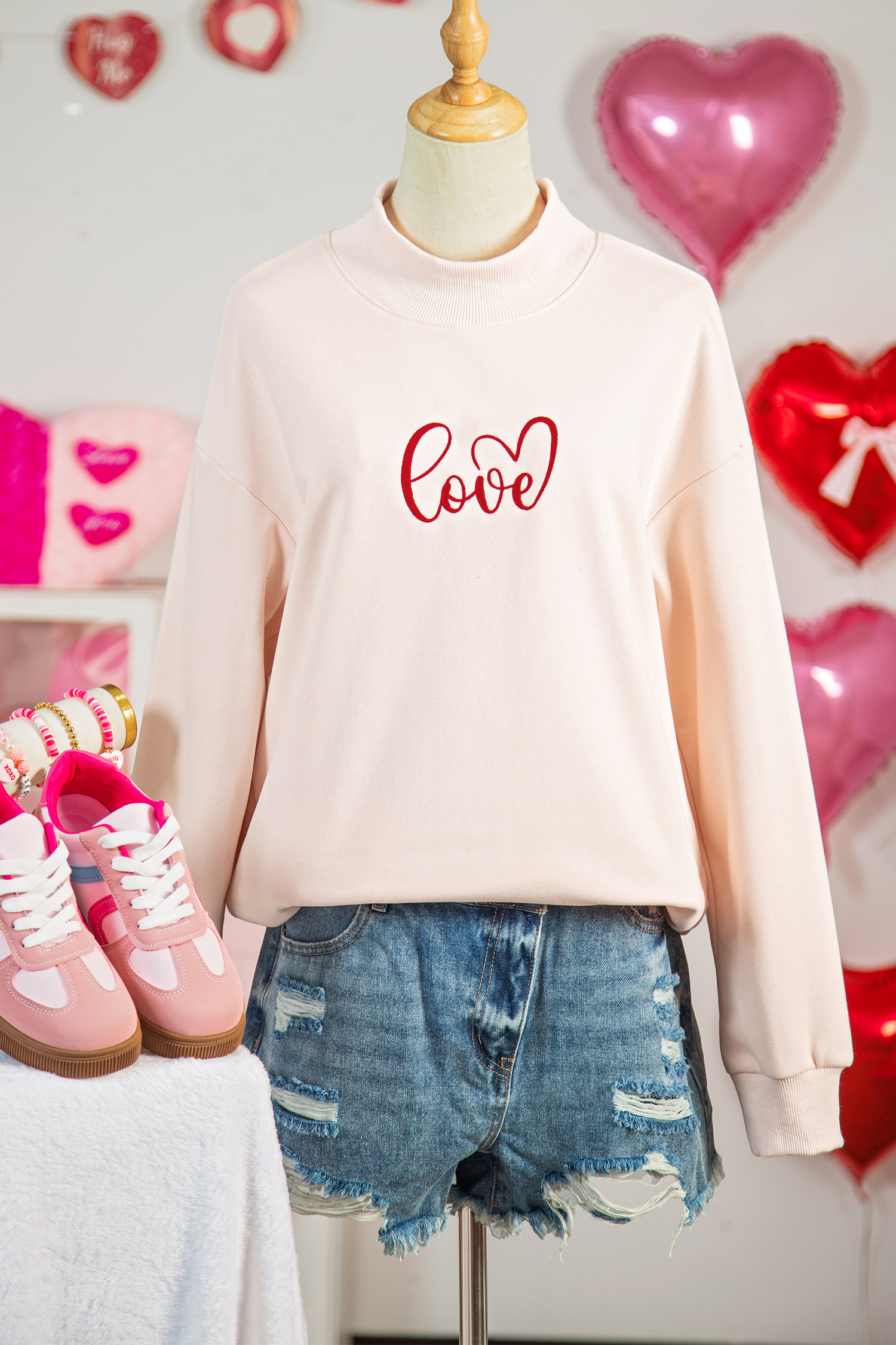 Apricot Pink Mock Neck Love Letter Embroidered Valentines Day Sweatshirt - loveforevers
