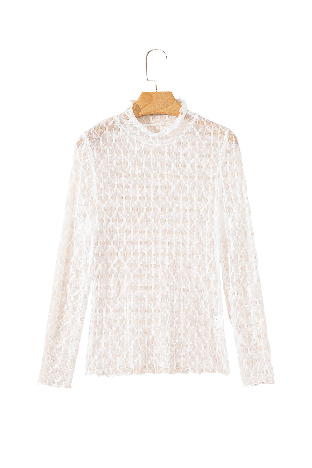 Coffee Sheer Mesh Patterned Lettuce Trim Slim Long Sleeve Top - loveforevers