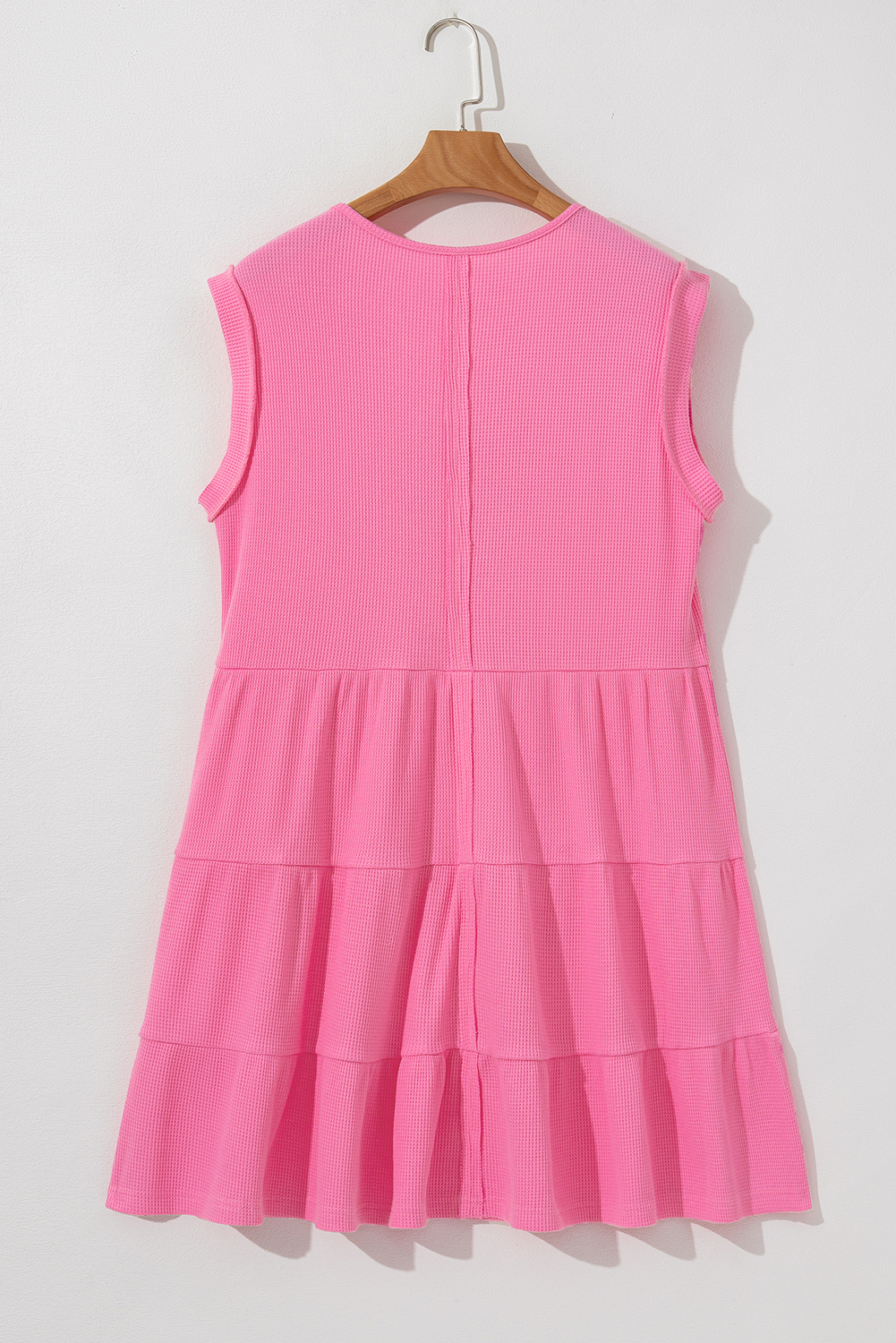 Bright Pink Waffle Textured Button Round Neck A-line Tiered Sleeveless Dress - loveforevers