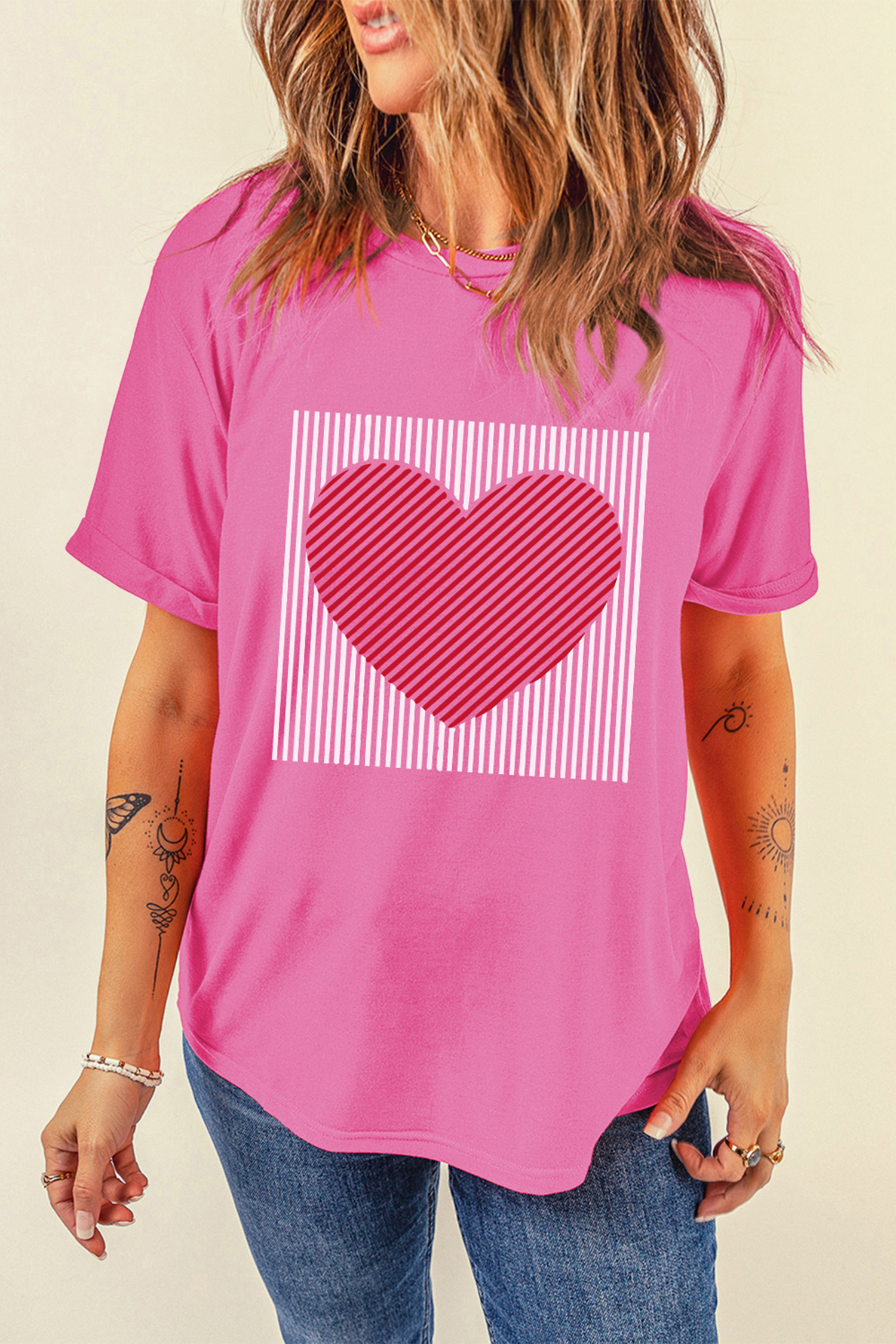 Sachet Pink Contrast Striped Heart Printed Valentines Day T Shirt - loveforevers