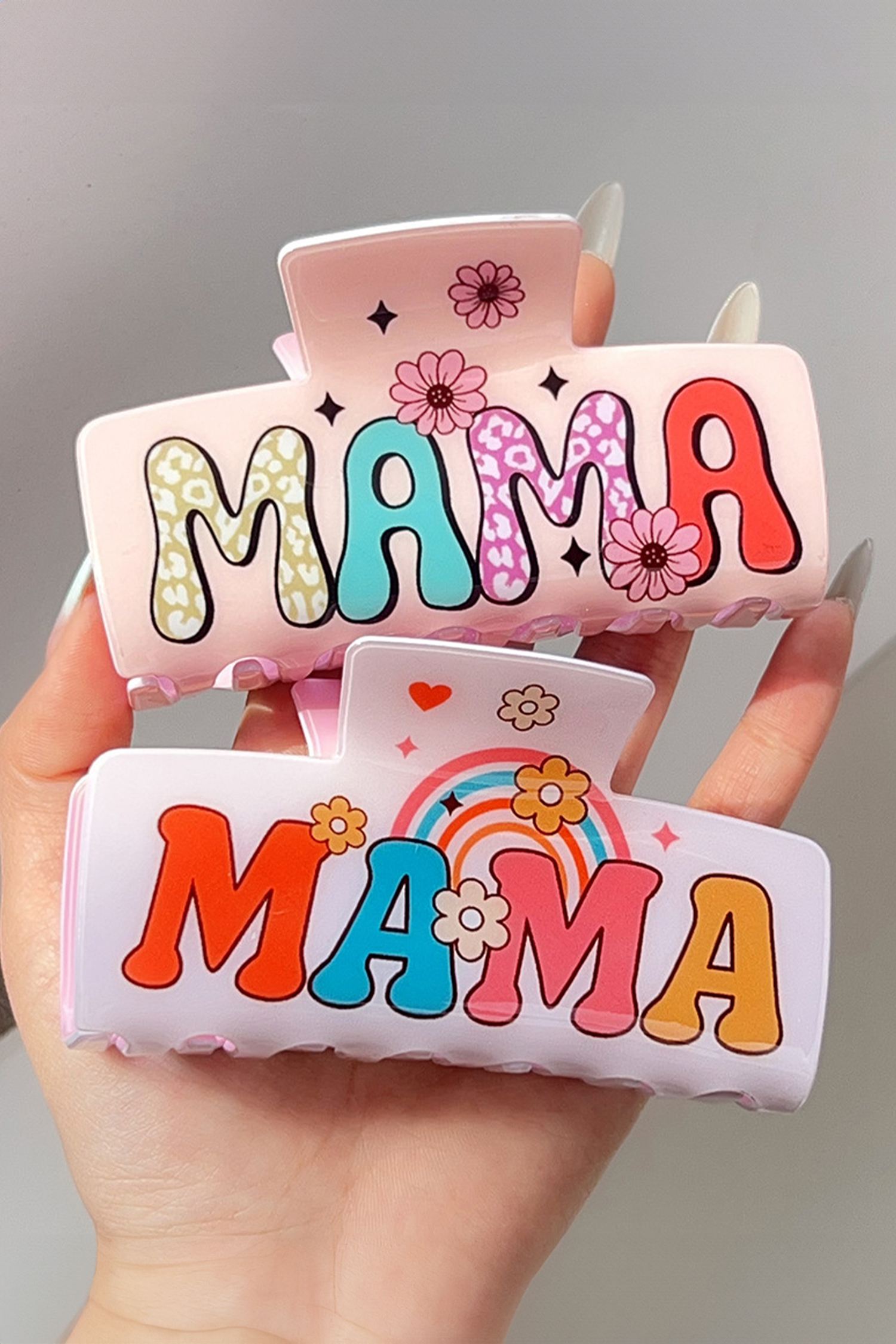 Pink MAMA Flower Printed Acrylic Large Square Hair Claw Clip - loveforevers
