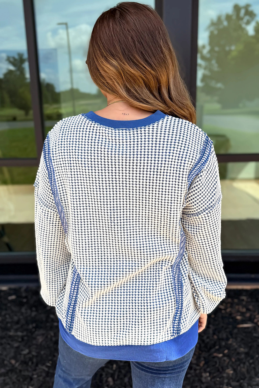 Dark Blue Waffle Knit Exposed Stitching Casual Top with Side Slits - loveforevers