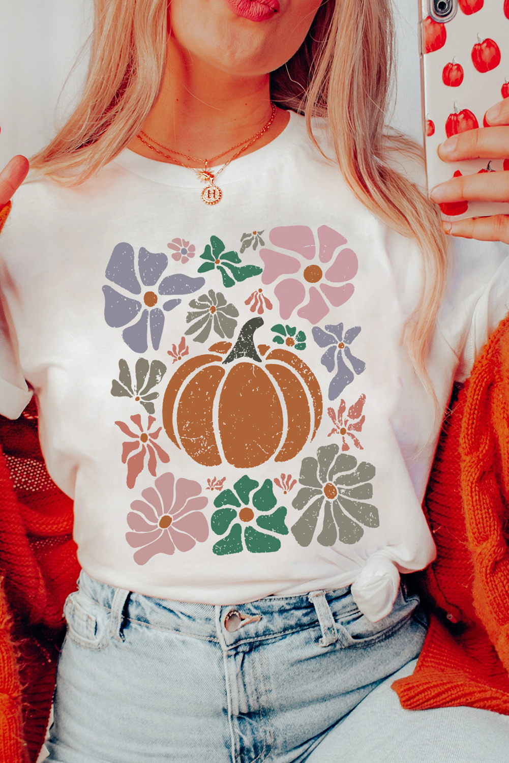 White Flower Pumpkin Distressed Graphic T Shirt - loveforevers