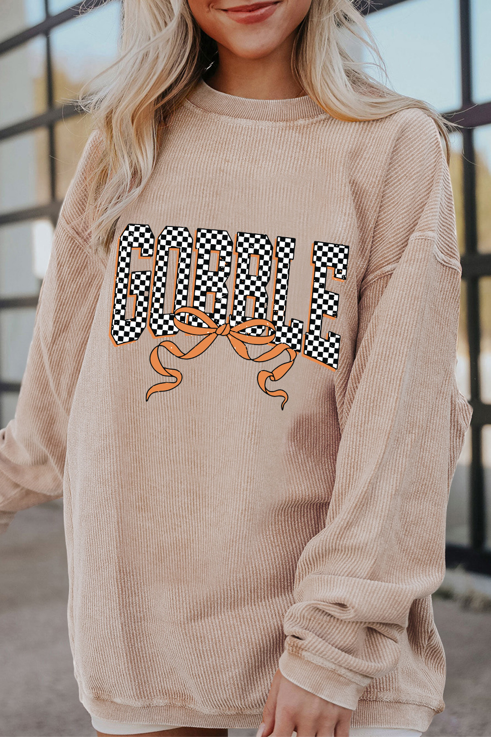Apricot Twisted Ribbed Texture Checkered GOBBLE Bow Print Baggy Sweatshirt - loveforevers