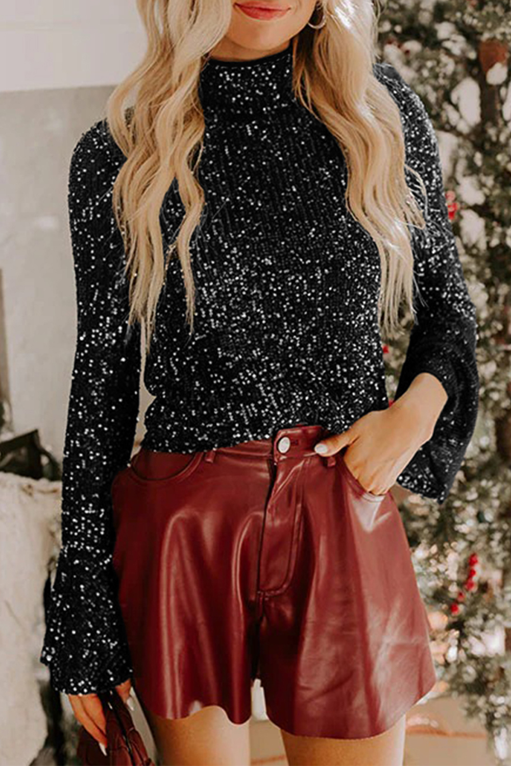 Jet Stream Sequin Mock Neck Drape Open Back Bell Sleeve Top - loveforevers