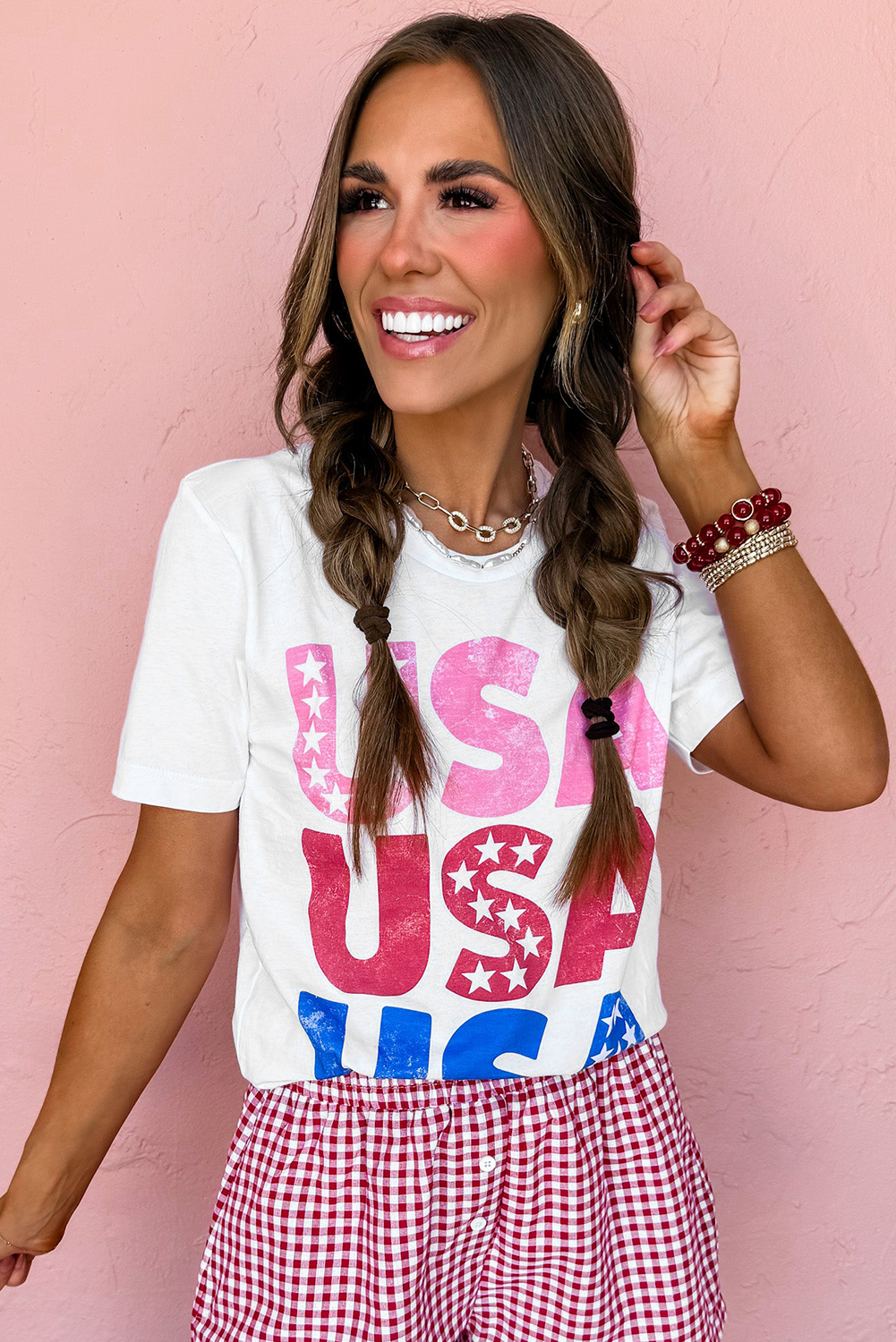 White USA Starry Letter Graphic Cotton Blend T Shirt - loveforevers