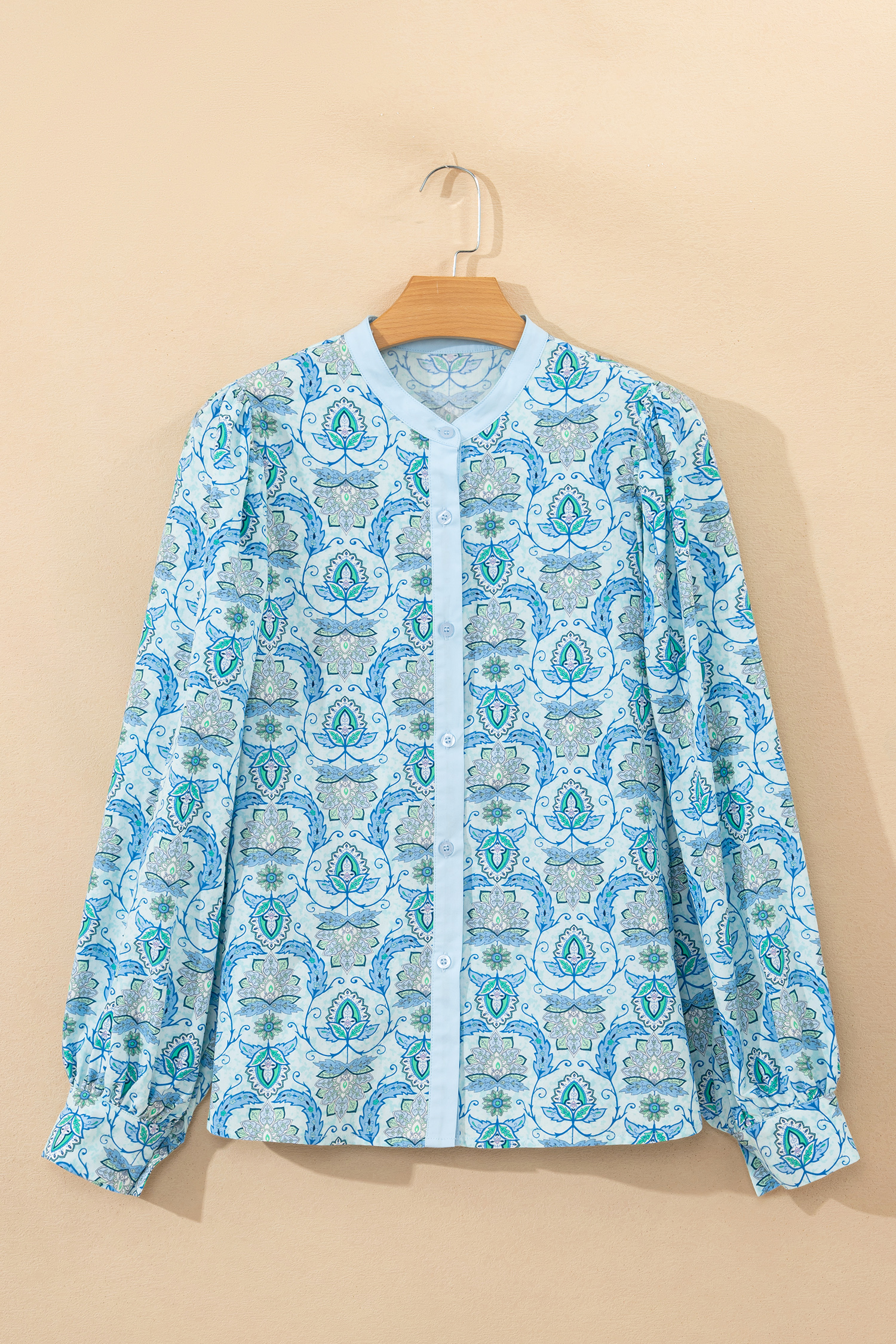 Sky Blue Paisley Print Puff Sleeve Loose Shirt - loveforevers