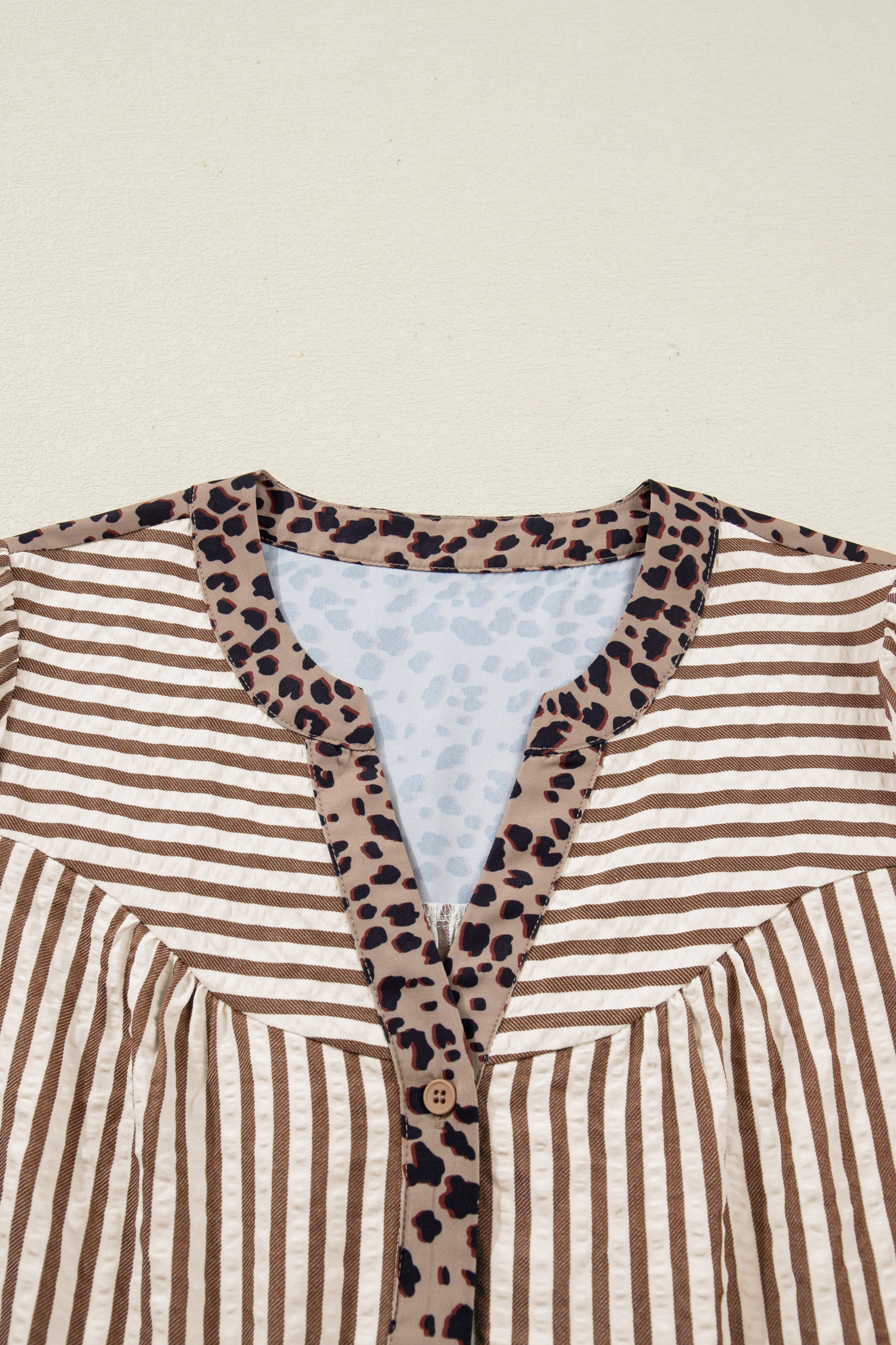 Sky Blue Stripe Leopard Trim V Neck Button Down Half Sleeve Shirt - loveforevers