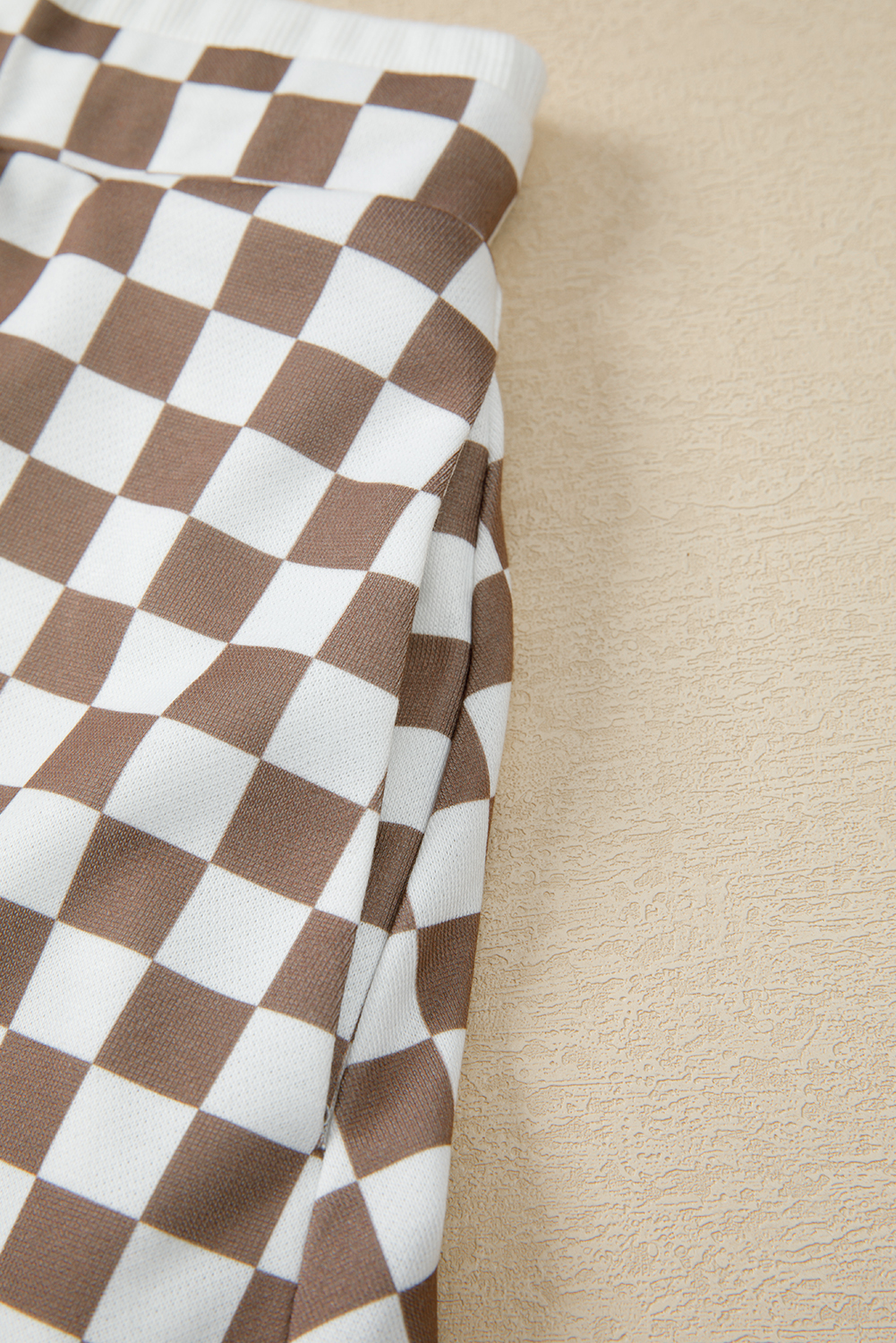 Khaki Checkered Print Polo Collar Cropped Long Sleeve Top Drawstring Mini Skirt Set - loveforevers