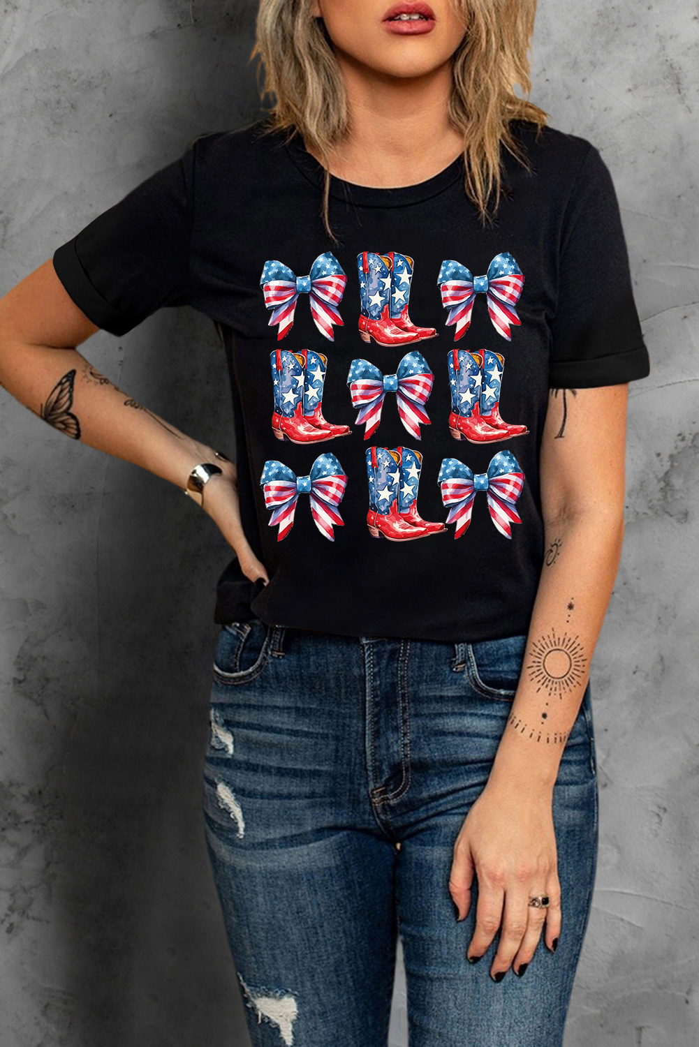 Black Stars and Stripes Bowknot Cowgirl Boots Graphic Patriotic Tee - loveforevers