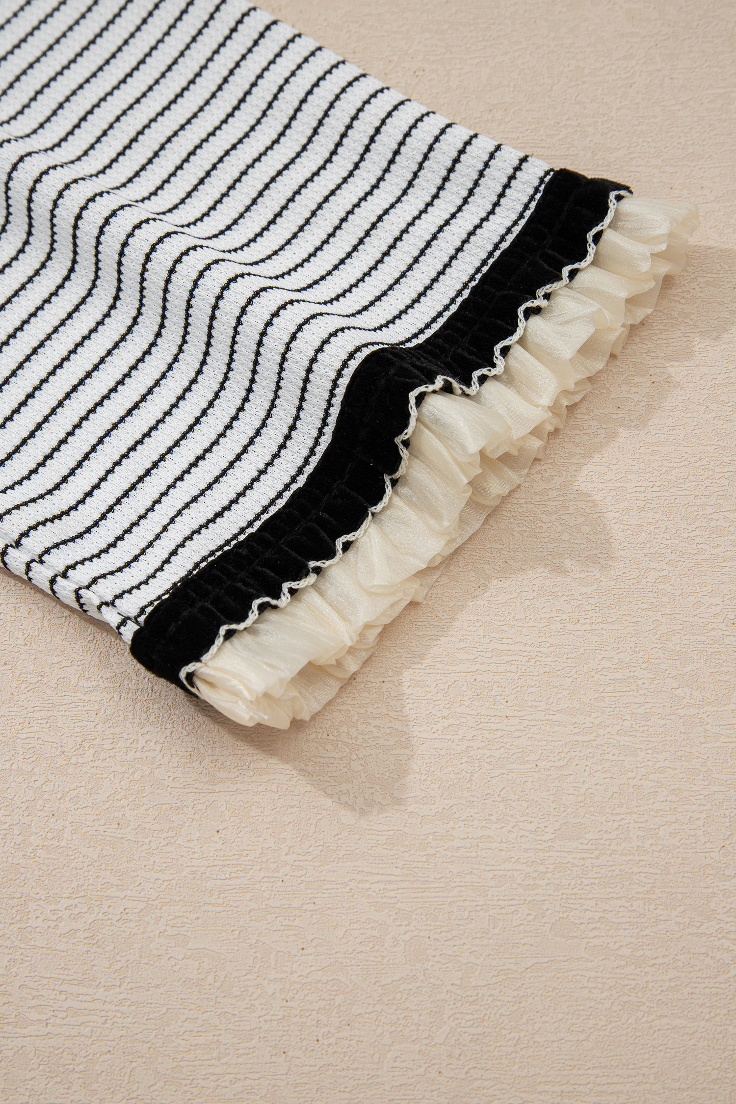 White Stripe Contrasted Ruffle Trim Loose Long Sleeve Top - loveforevers