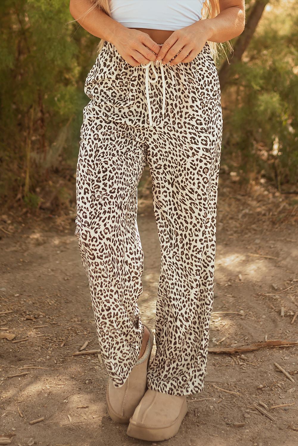Brown Leopard Drawstring Elastic Waistband Loose Pants - loveforevers