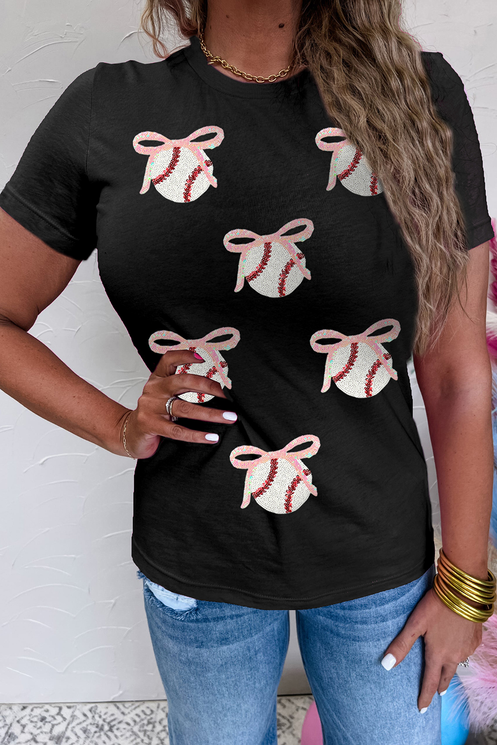 Black Shimmering Sequin Bow Ball Patterned Game Day Casual Tee - loveforevers