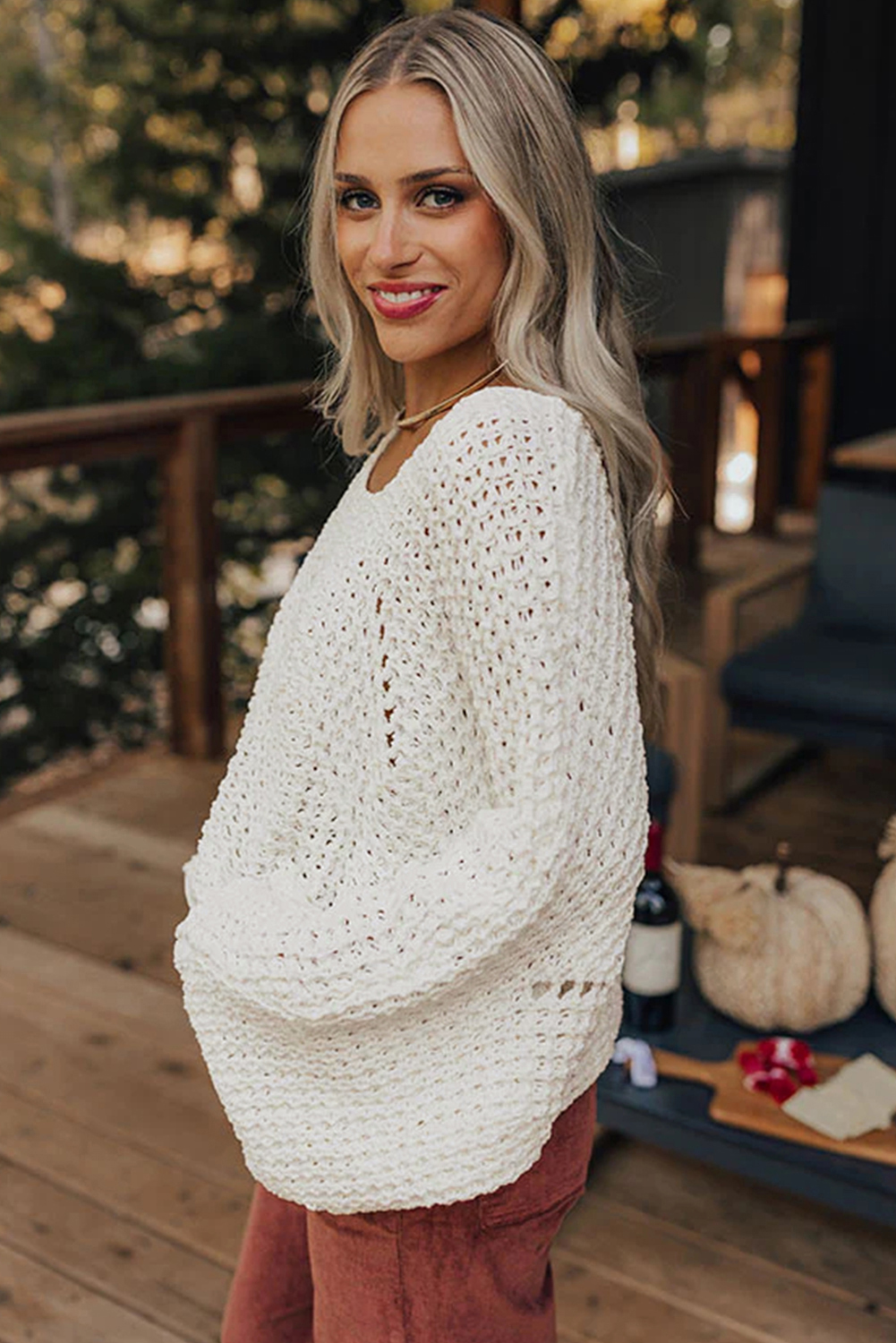Camel Hollowed Detail Wide Sleeve Loose Pullover Sweater - loveforevers