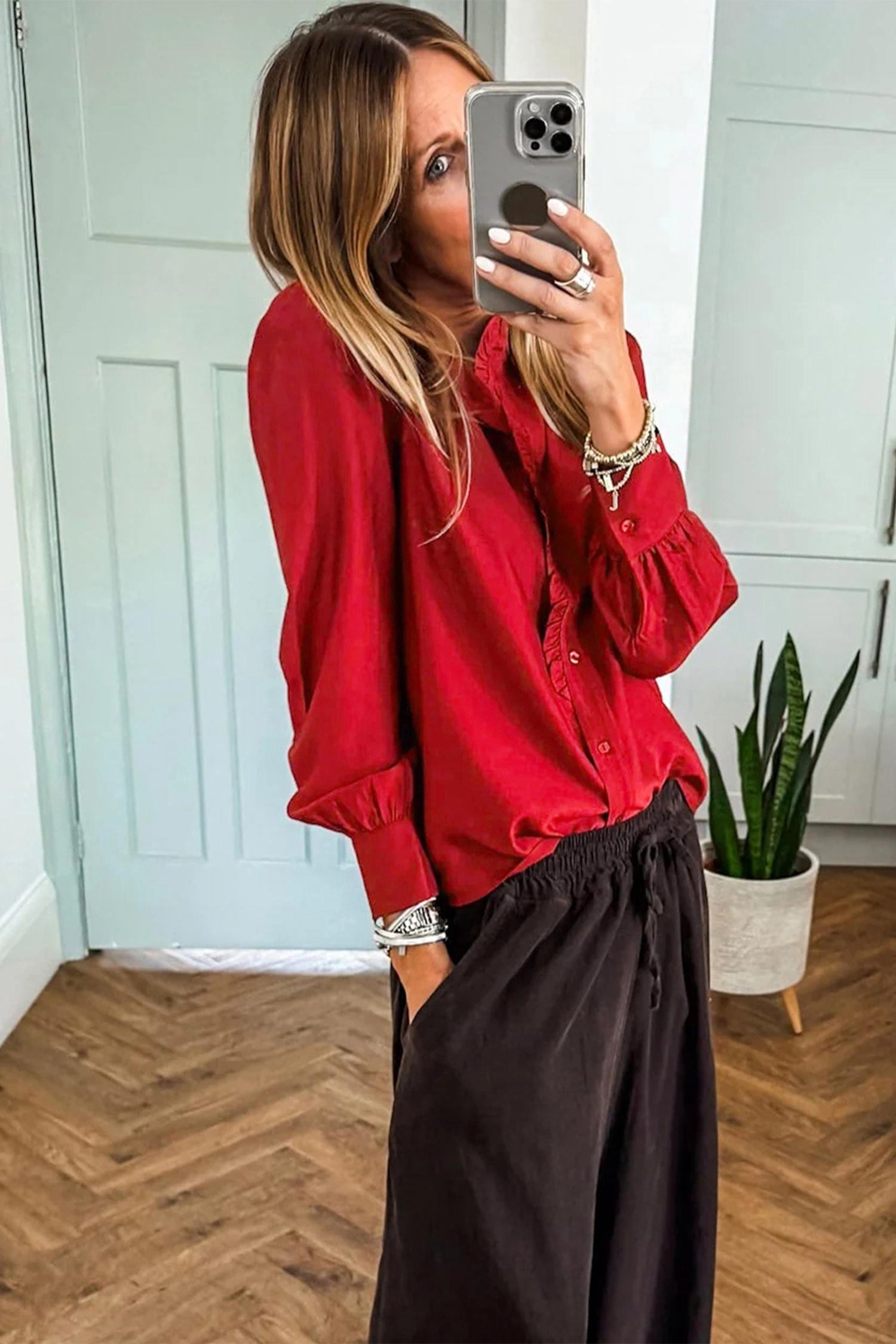 Fiery Red Frilled Trim Button Up Pleated Long Sleeve Shirt - loveforevers