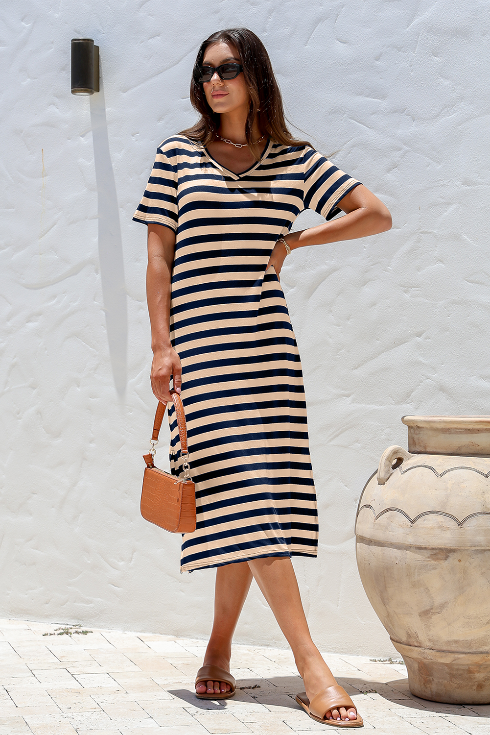 Fiery Red Black Stripe Print V Neck Maxi Dress with Side Splits - loveforevers