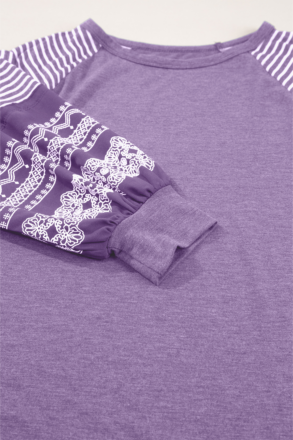 Tillandsia Purple Contrast Print Striped Raglan Long Sleeve Loose Top - loveforevers