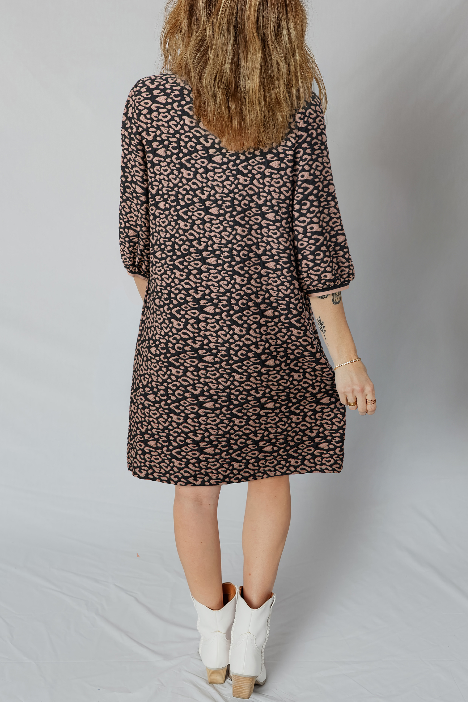 Black Leopard Print Bubble Sleeve Shift Mini Dress - loveforevers