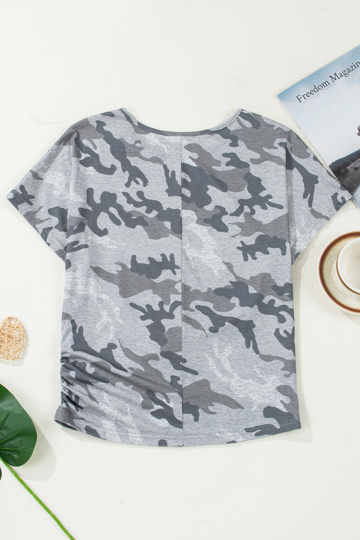 Gray Camouflage Print Round Neck T Shirt - loveforevers