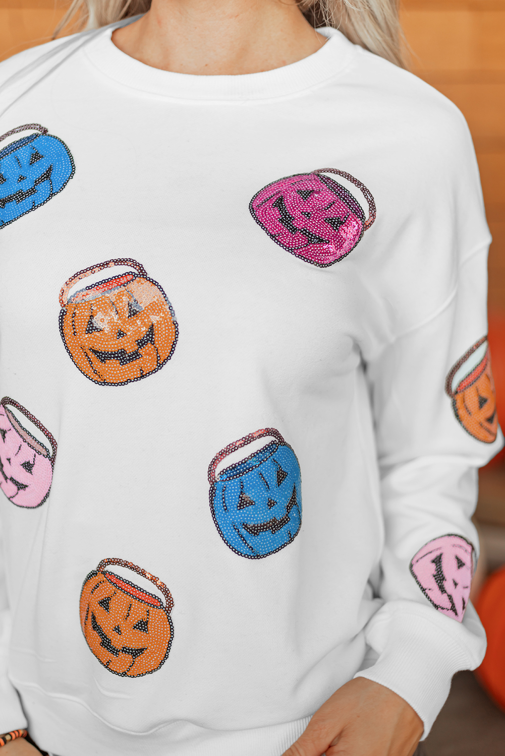 White Halloween Pumpkin Lantern Sequin Patched Sweatshirt - loveforevers