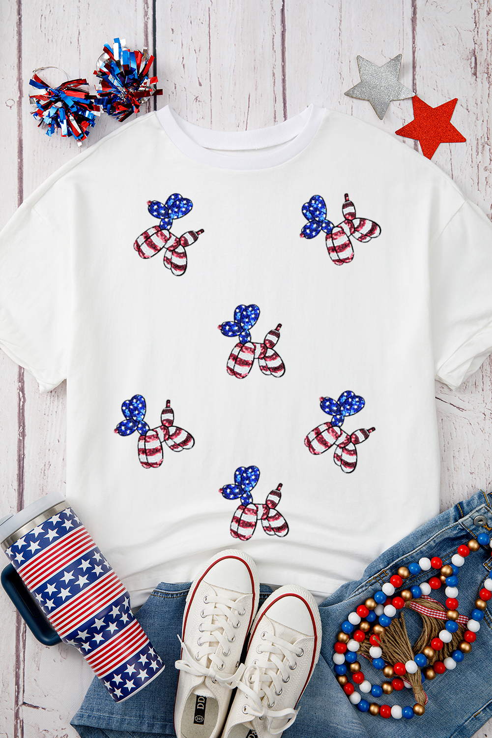 White Sequin USA Flag Balloon Puppy Graphic Drop Shoulder High Low Tee - loveforevers