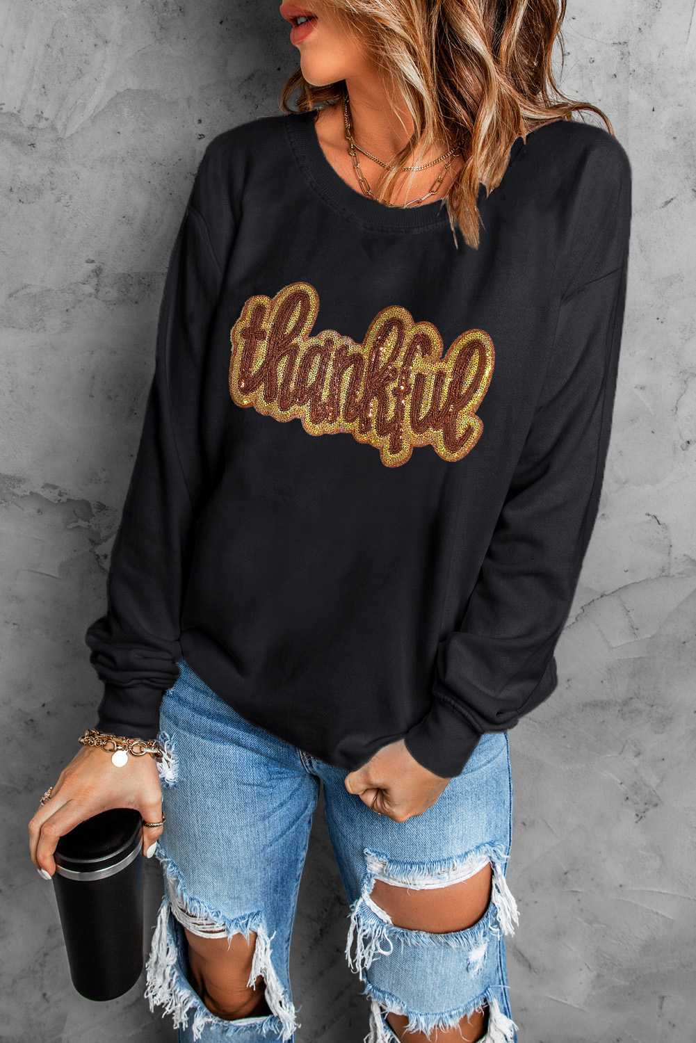 Black Glittering thankful Graphic Drop Shoulder Sweatshirt - loveforevers