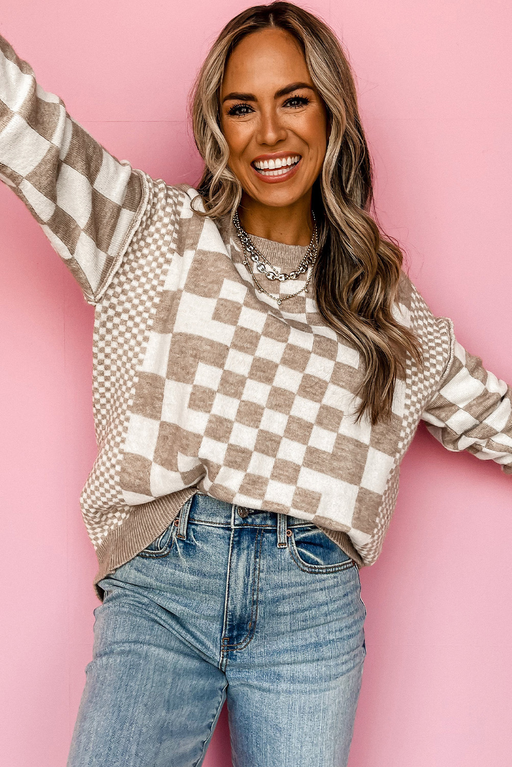 Khaki Checkered Print Drop Shoulder Round Neck Sweater - loveforevers