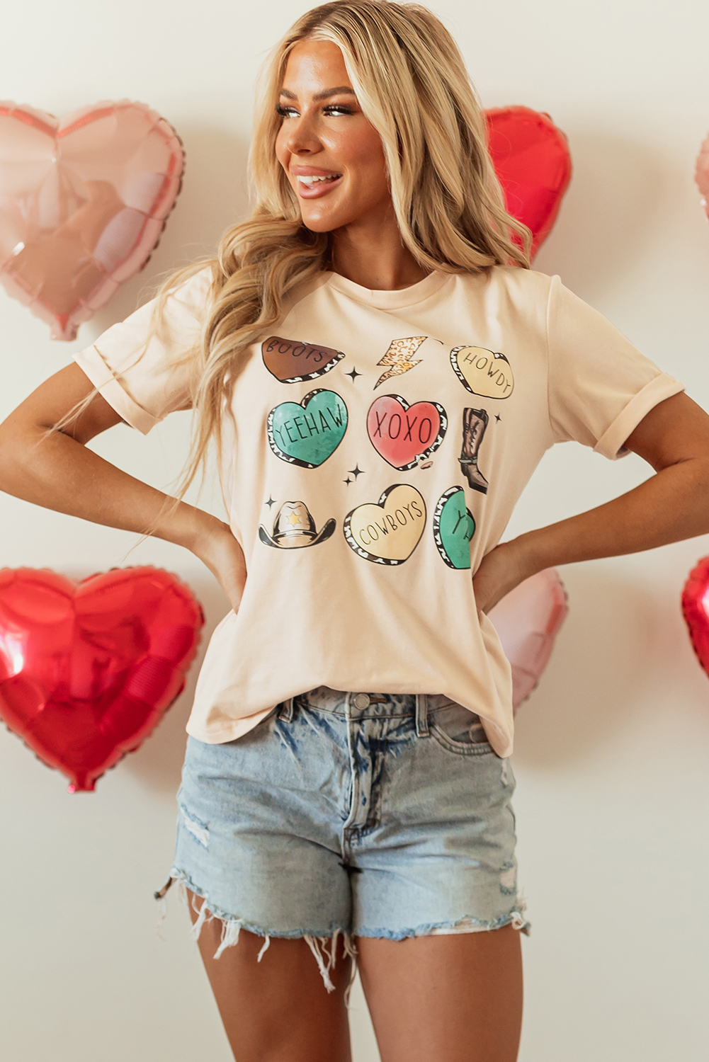 Red Leopard Striped Heart Shaped Print Crew Neck T Shirt - loveforevers