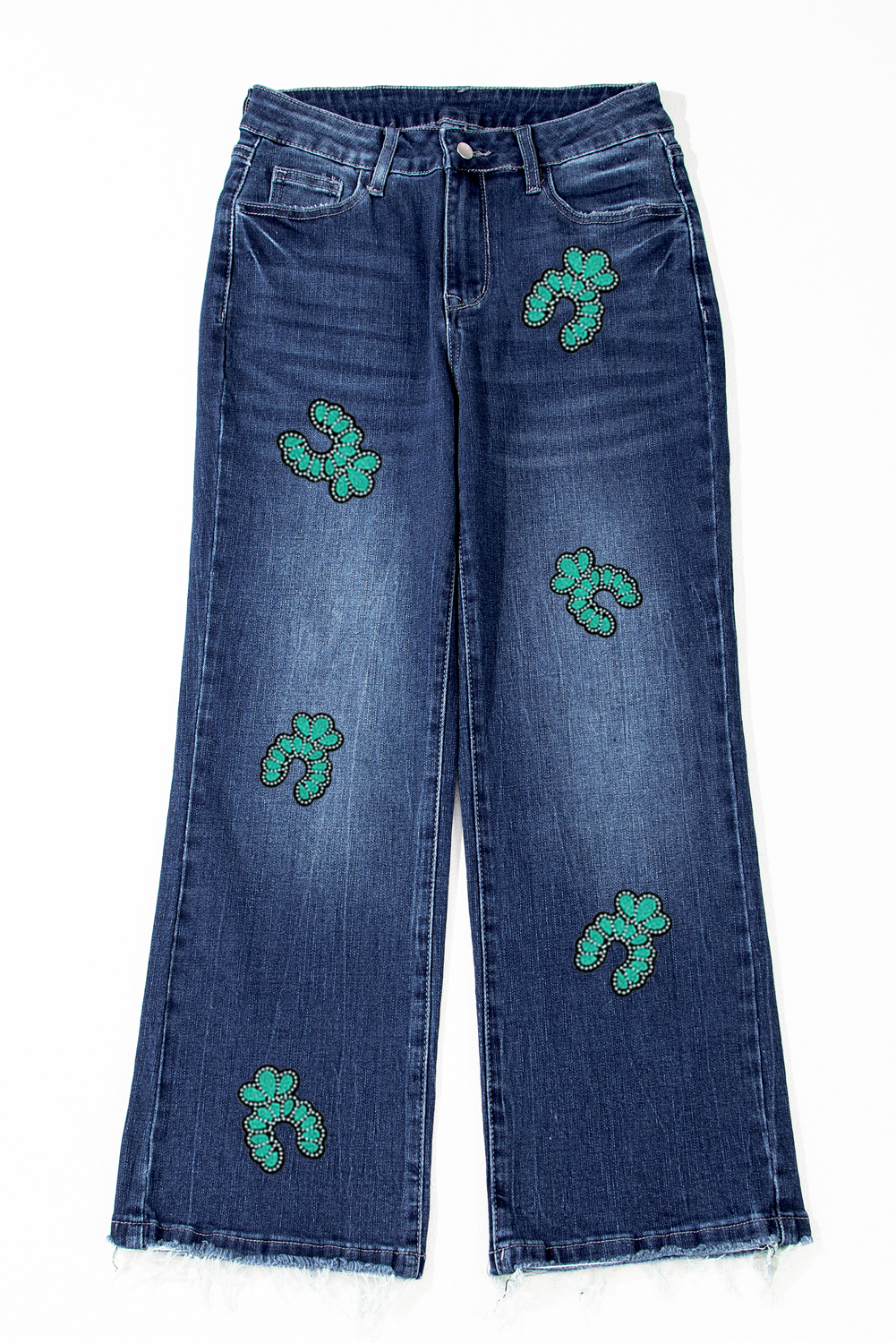 Sail Blue Turquoise Pattern Raw Edge Cropped High Waist Jeans - loveforevers