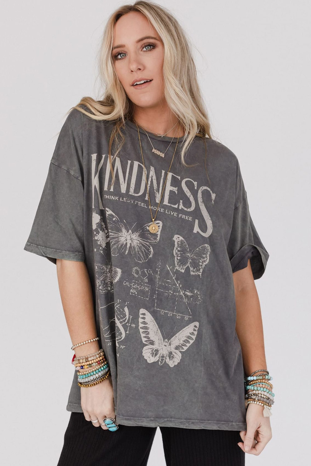 Dark Grey Kindness Butterflies Graphic Mineral Wash Loose Tee - loveforevers