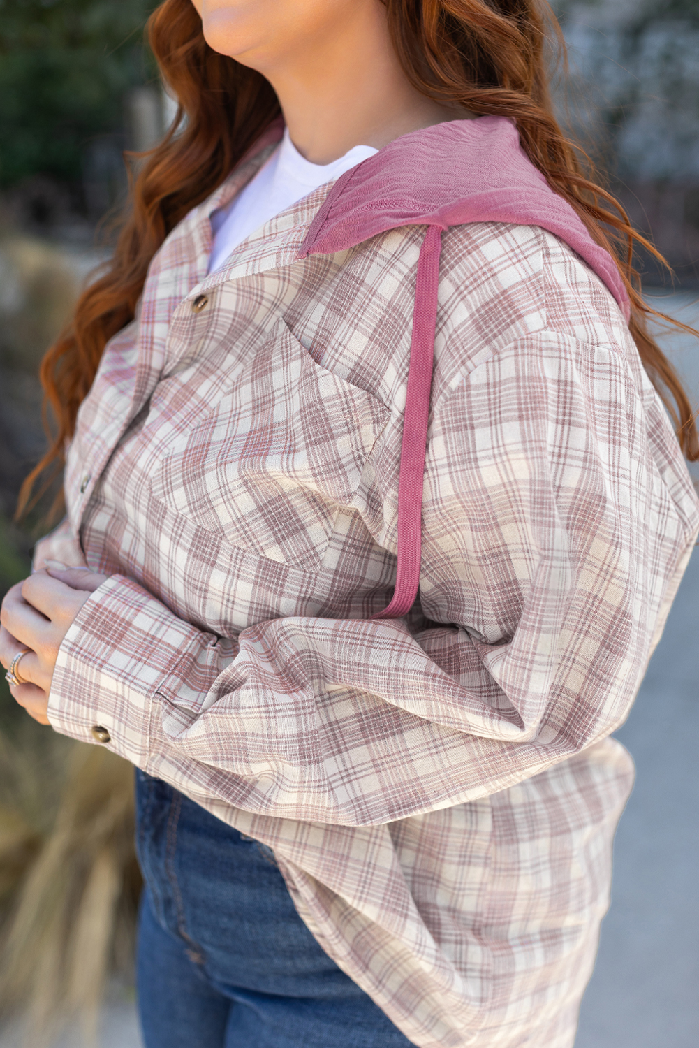 Khaki Checkered Print Loose Fit Buttoned Hooded Shacket - loveforevers