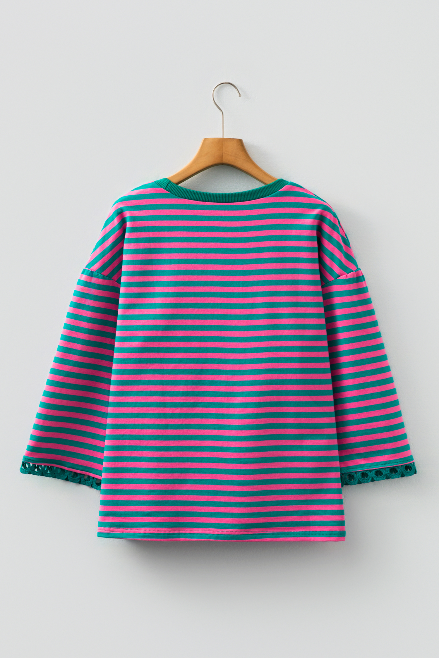 Racing Red Striped Print Drop Shoulder Lace Trim Bracelet Sleeve Loose Top - loveforevers