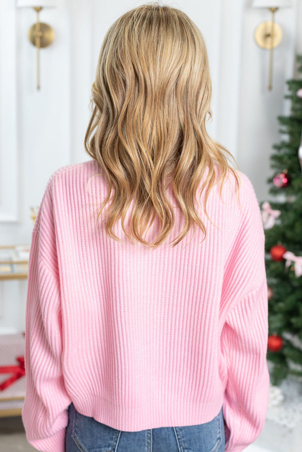 Pink Merry & Bright Pop Up Letter Waffle Knit Sweater - loveforevers
