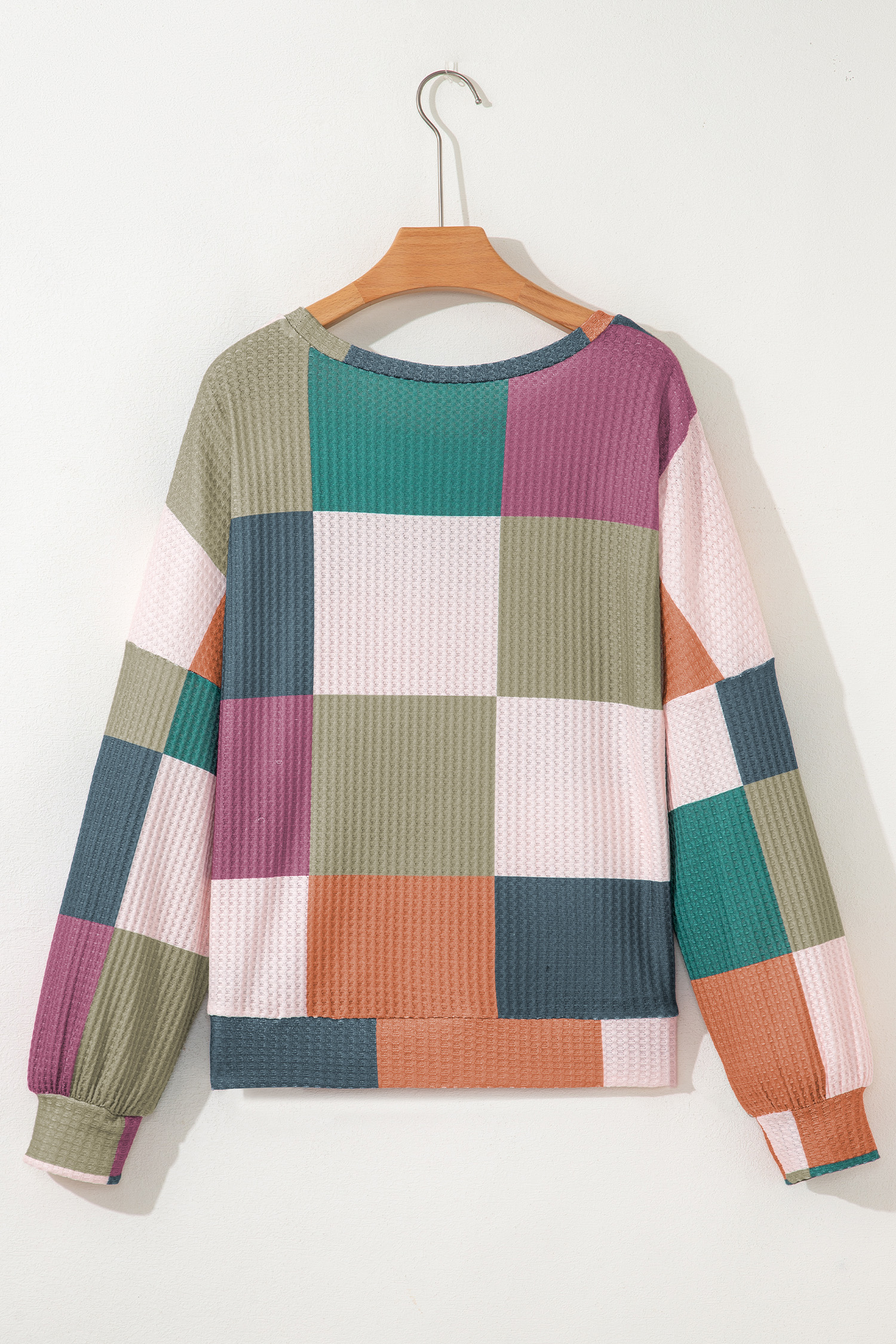 Green Checkered Print Textured Knit Long Sleeve Loose Top - loveforevers