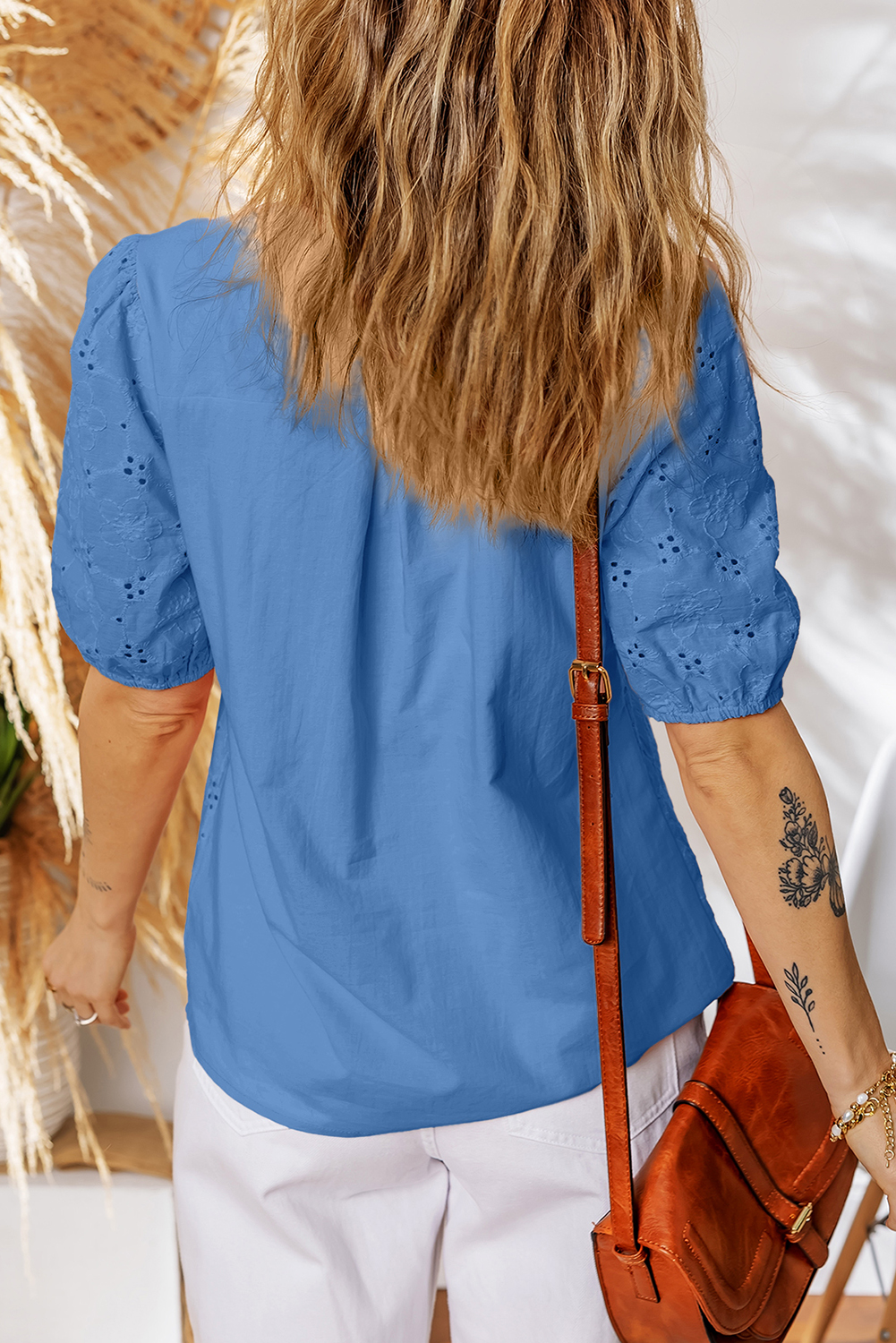 Vineyard Green Lace Crochet V Neck Half Sleeve Embroidery Button Down Blouses Casual Shirts - loveforevers