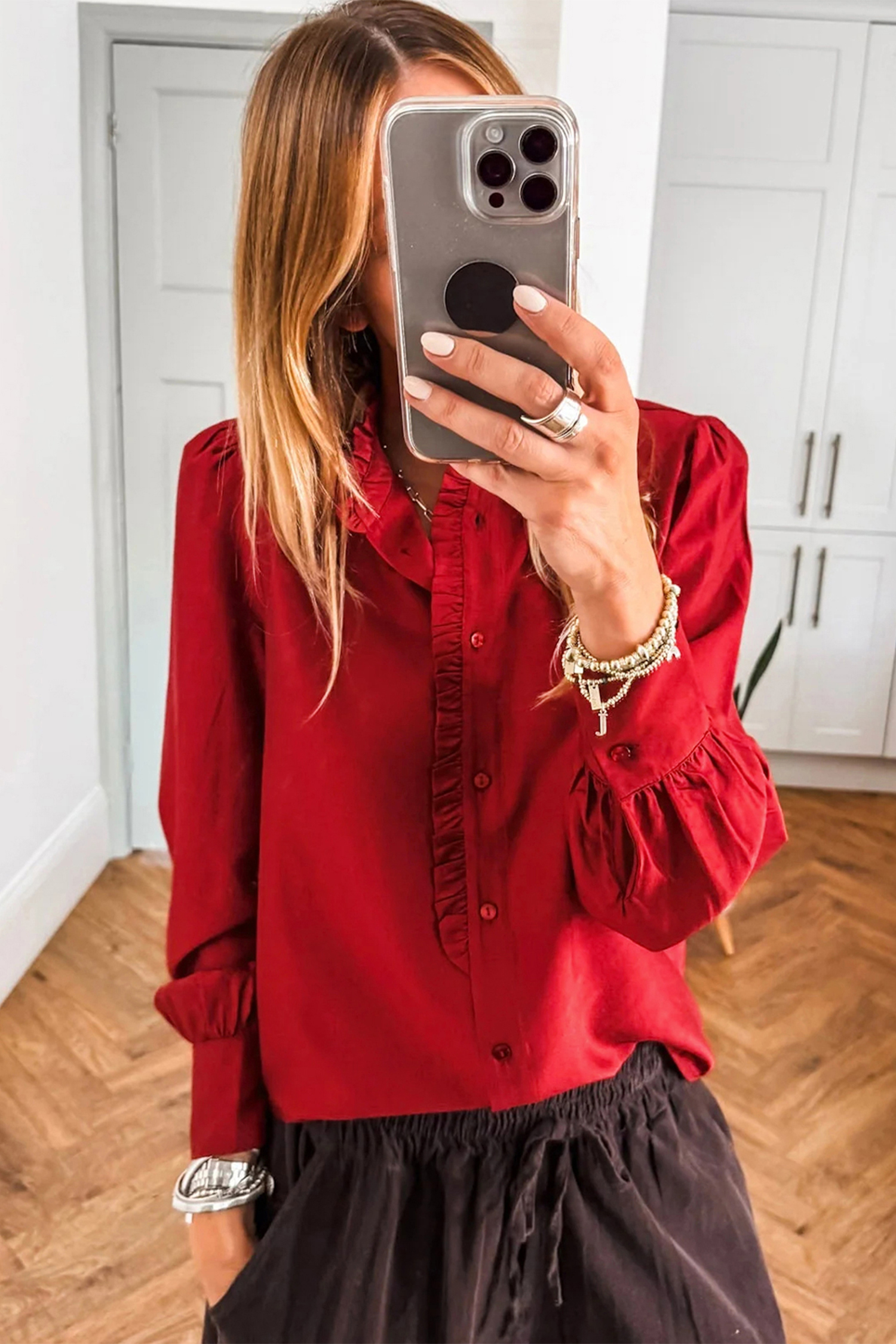Fiery Red Frilled Trim Button Up Pleated Long Sleeve Shirt - loveforevers