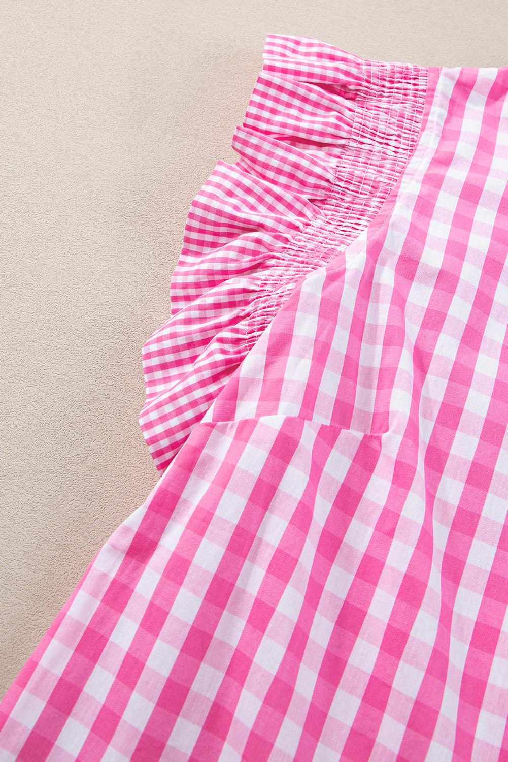 Rose Red Checkered Ruffled Sleeve Frilled Neck Blouse - loveforevers