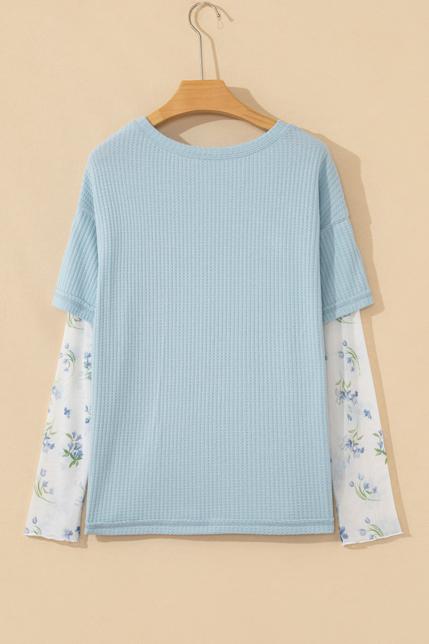 Beau Blue Floral Lace Sleeve Patchwork Waffle Fake Two-piece Top - loveforevers