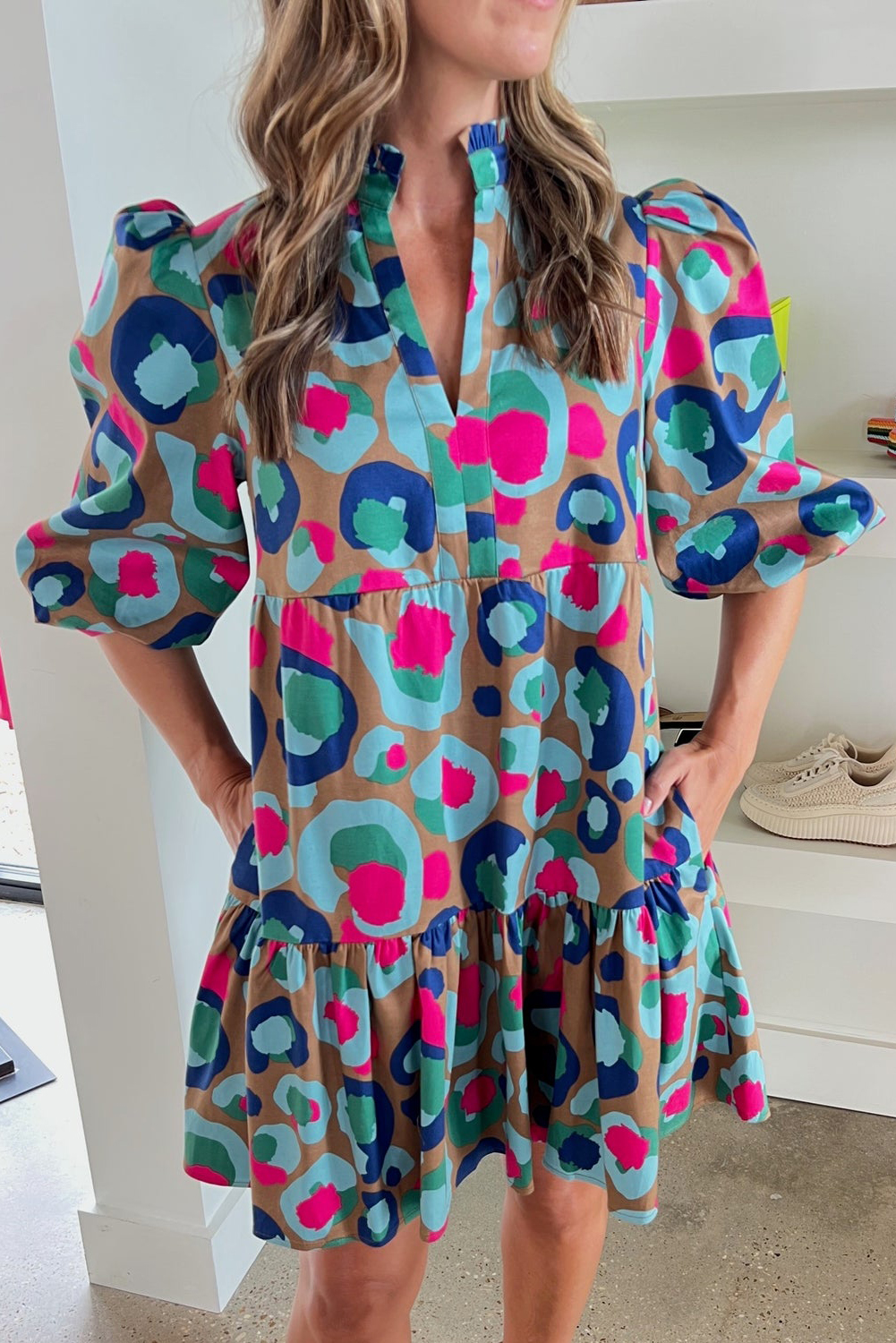 Green Leopard Print Bubble Sleeve Slit Neck Ruffled Dress - loveforevers