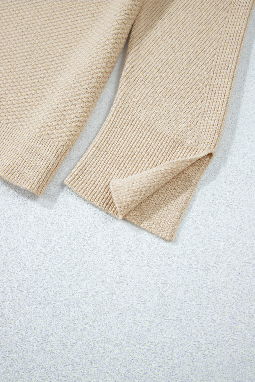 Parchment Solid Textured Knit Split Cuff Drop Shoulder Loose Sweater - loveforevers