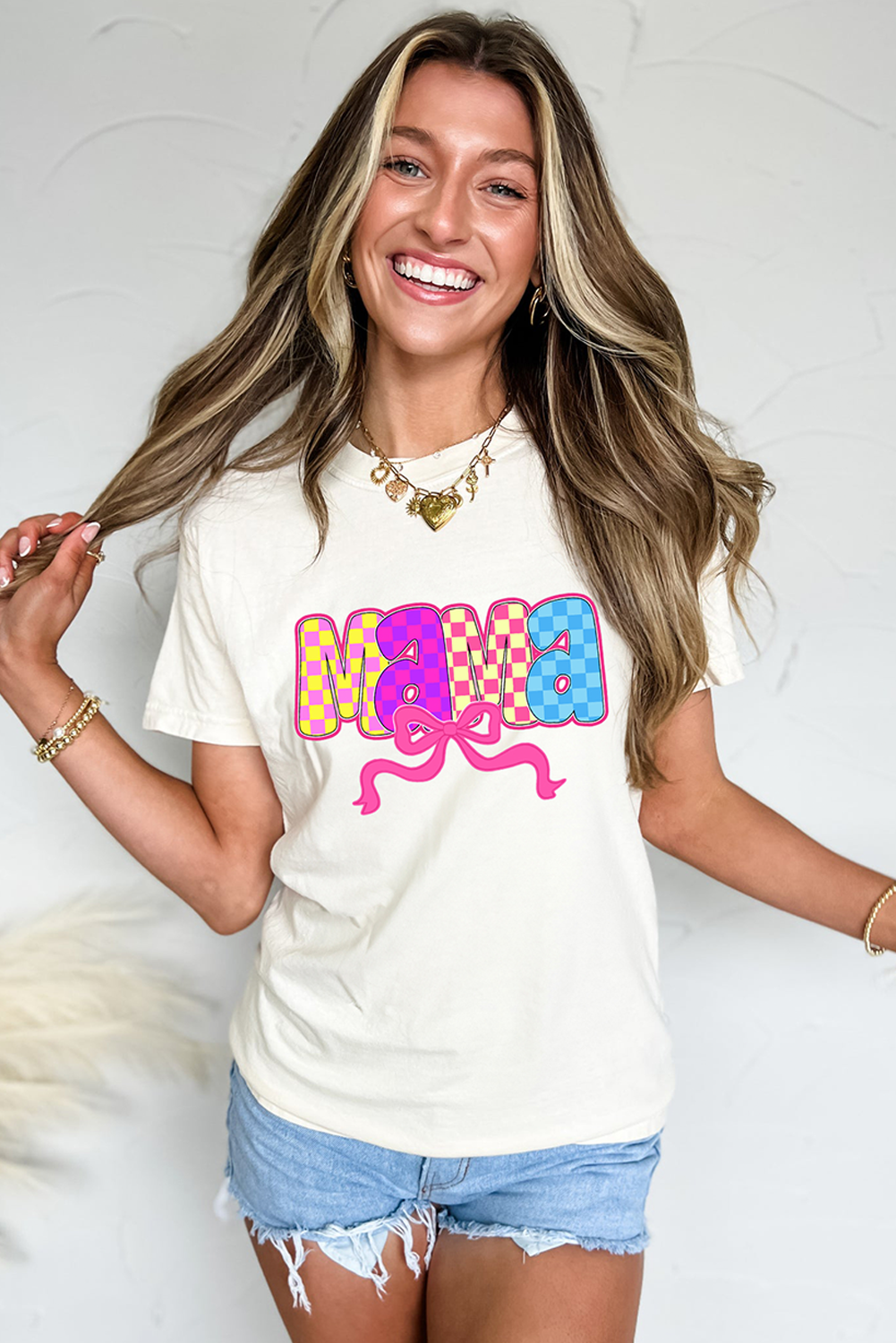 White MAMA Checkered Bow Knot Print Crewneck T Shirt - loveforevers