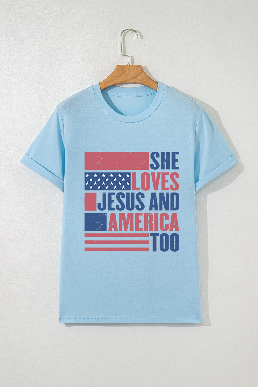 Light Blue SHE LOVES JESUS AND AMERICA TOO Flag Graphic T Shirt - loveforevers