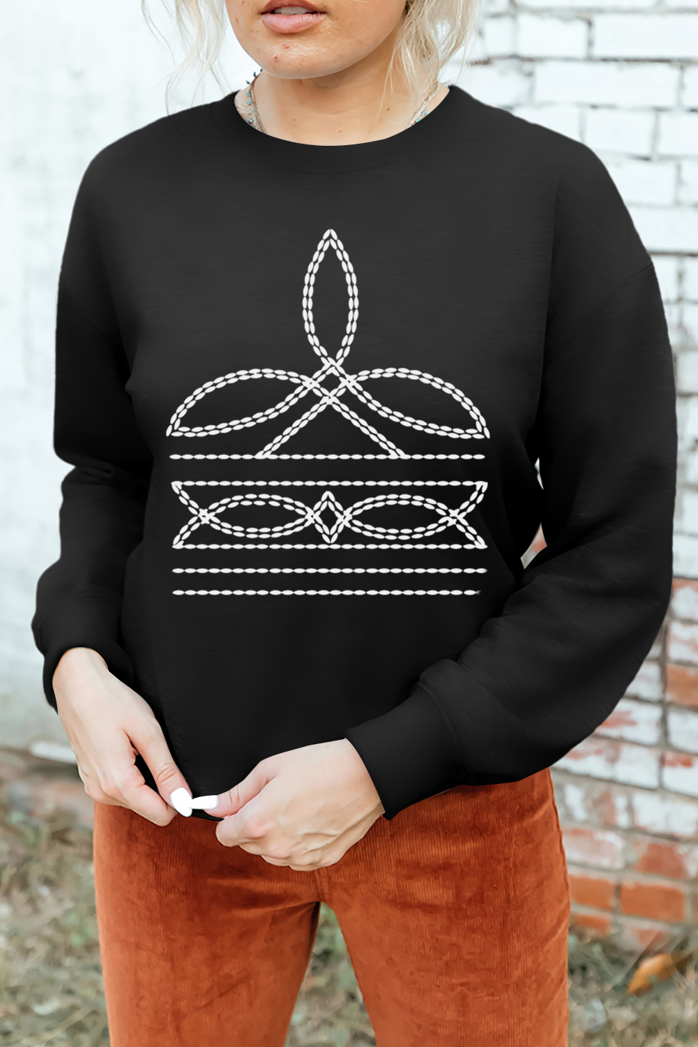 Black Western Pattern Print Round Neck Pullover Sweatshirt - loveforevers