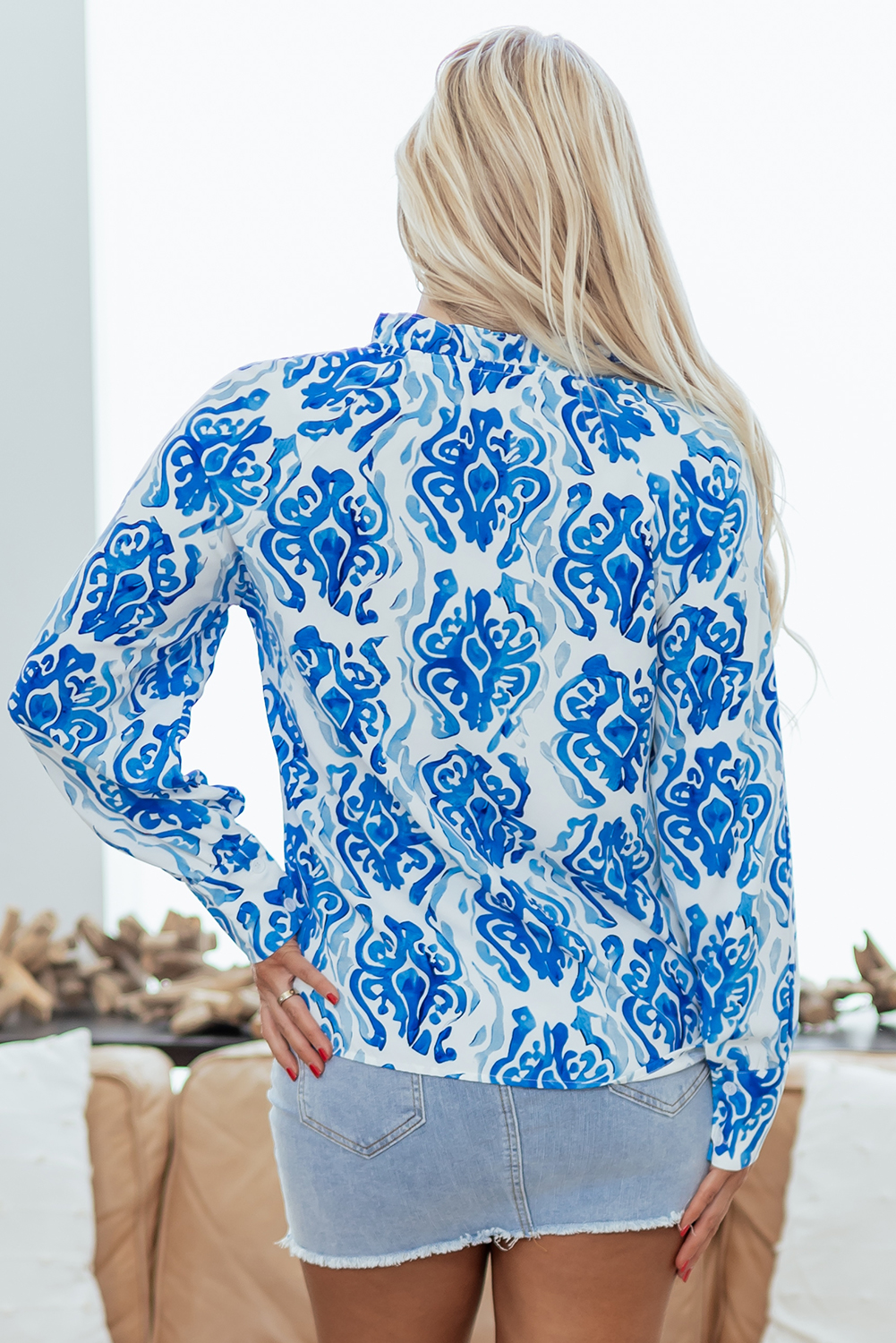 Sky Blue Ethnic Printed Tie Split Neck Button Front Puff Sleeve Shirt - loveforevers