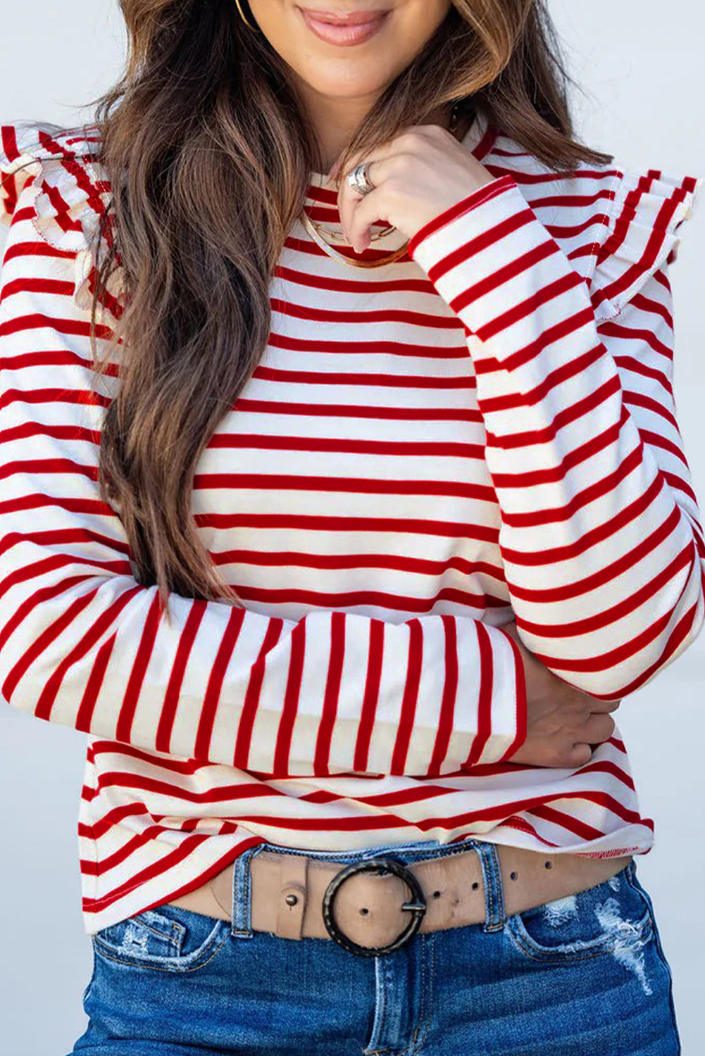 Red Stripe Round Neck Ruffle Trim Long Sleeve Top - loveforevers