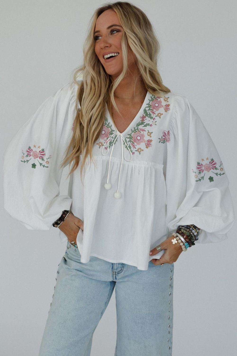 White Flower Print Lace-up V Neck Babydoll Blouse - loveforevers