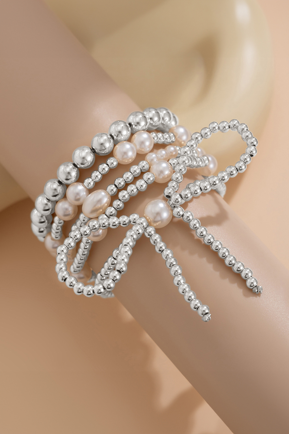 Silvery Bow Knot Pearl Beaded Multi Layered Bracelet Set - loveforevers