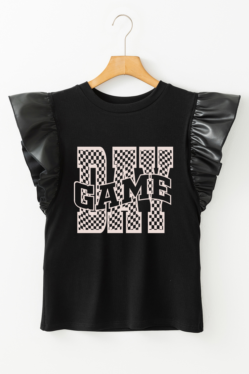 Black GAME DAY Checkered Letter Graphic Leatherette Ruffle Sleeve Top - loveforevers