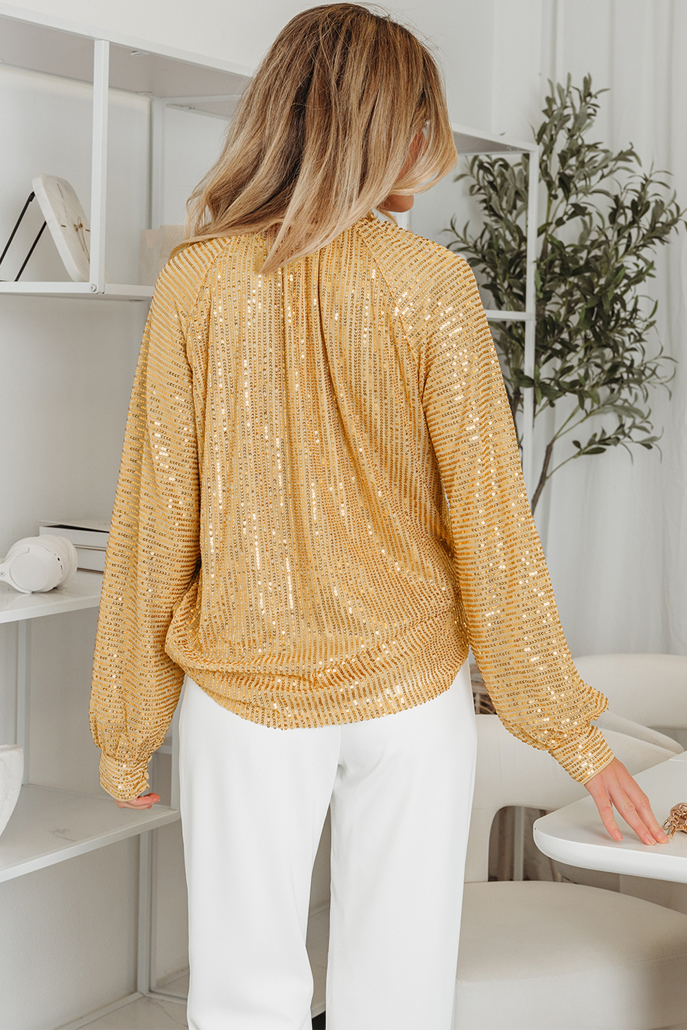 Gold Metallic Balloon Sleeve Buttoned High Neck Loose Blouse - loveforevers
